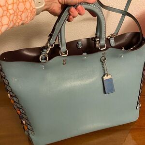 Blue Leather Tote Bag